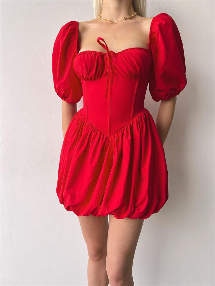 Göğüs Büzgülü Korse Görünümlü  Balon Kol Yaki Kadın Kırmızı Elbise 23Y000467