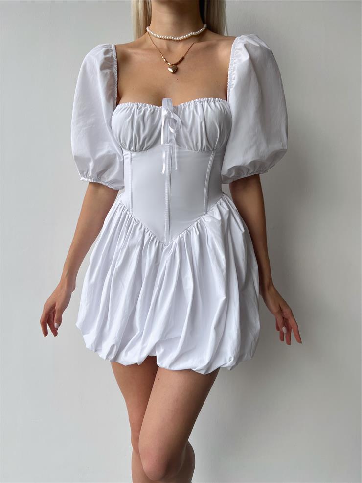 Göğüs Büzgülü Korse Görünümlü  Balon Kol Yaki Kadın Beyaz Elbise 23Y000467