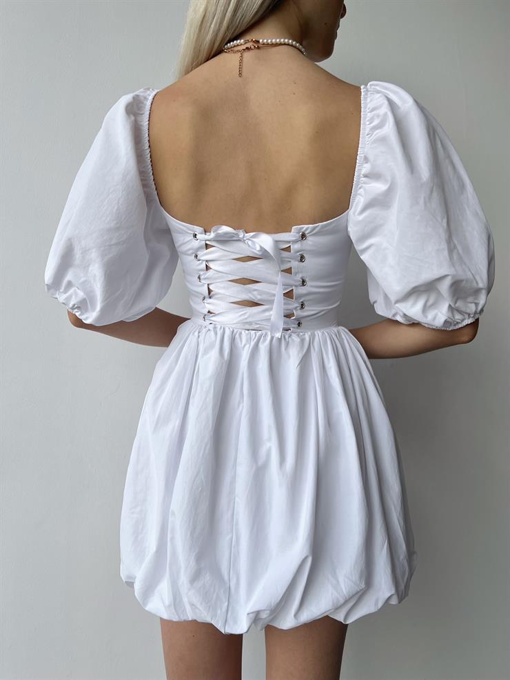 Göğüs Büzgülü Korse Görünümlü  Balon Kol Yaki Kadın Beyaz Elbise 23Y000467