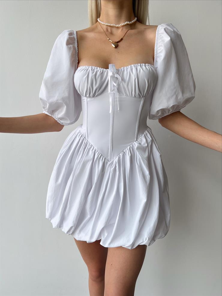 Göğüs Büzgülü Korse Görünümlü  Balon Kol Yaki Kadın Beyaz Elbise 23Y000467