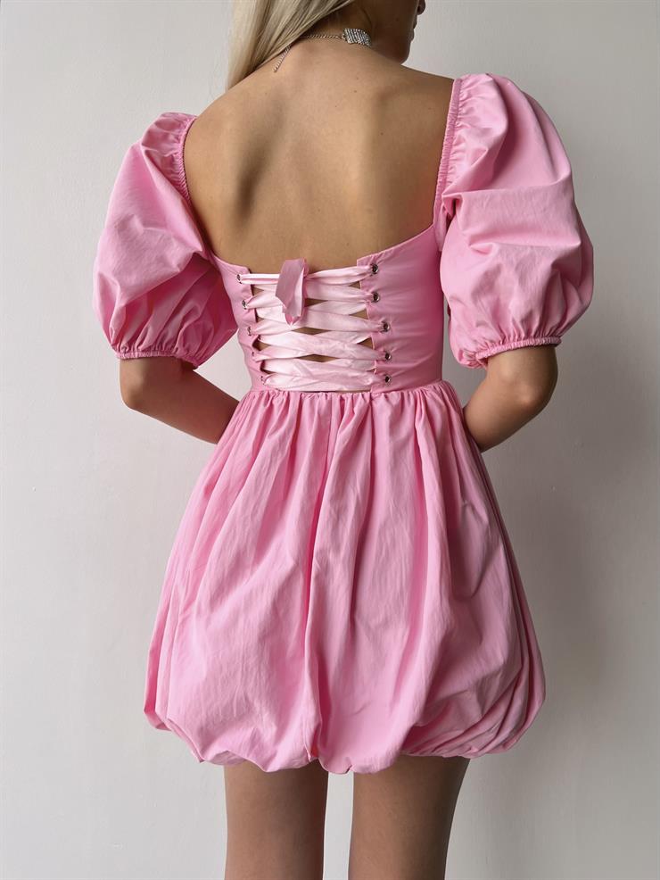 Göğüs Büzgülü Korse Görünümlü  Balon Kol Yaki Kadın Pembe Elbise 23Y000467
