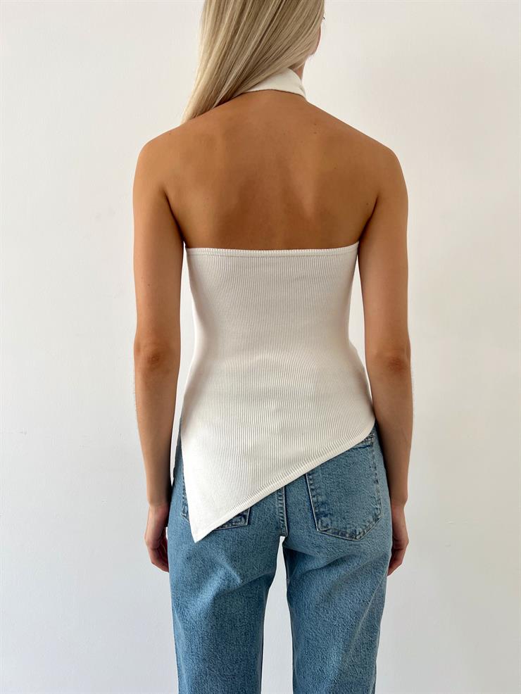 Straplez Asimetrik Kesim Kuşaklı Kadın Ekru Bluz 23Y000537