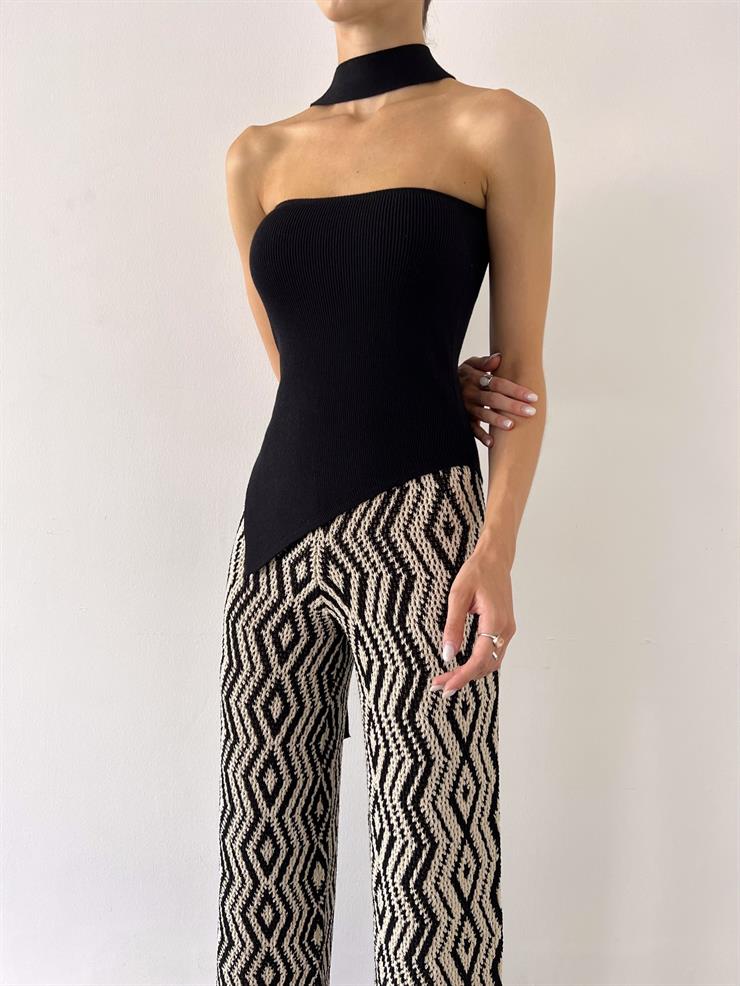 Straplez Asimetrik Kesim Kuşaklı Kadın Siyah Bluz 23Y000537