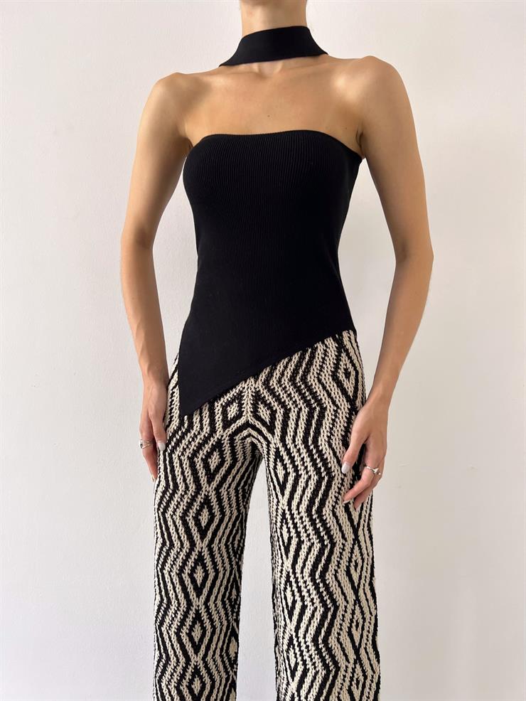 Straplez Asimetrik Kesim Kuşaklı Kadın Siyah Bluz 23Y000537