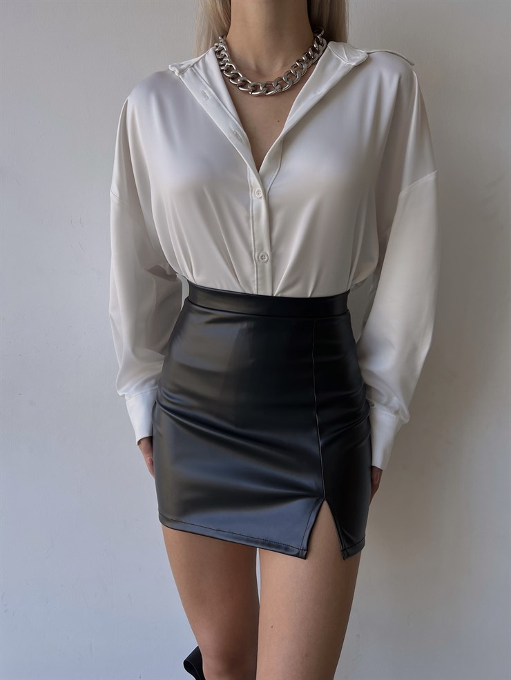 Yandan Yırtmaçlı Vegan Deri Luigi Kadın Siyah Etek 23K000058