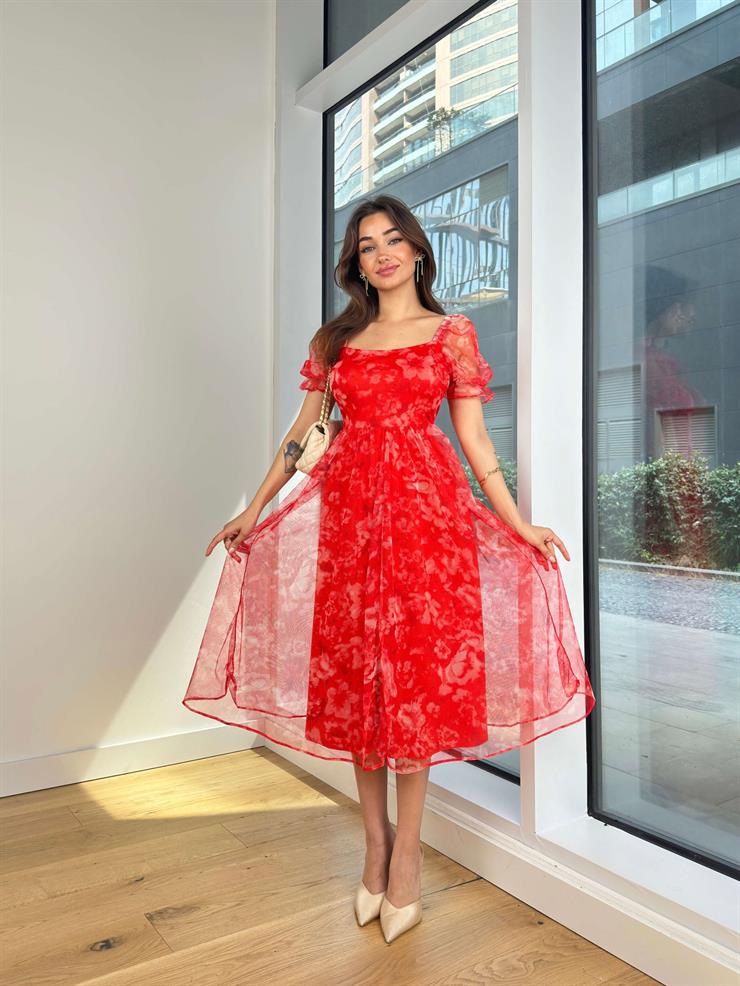 Kare Yaka Balon Tül Kol Yandri Kadın Oranj Elbise 24Y726