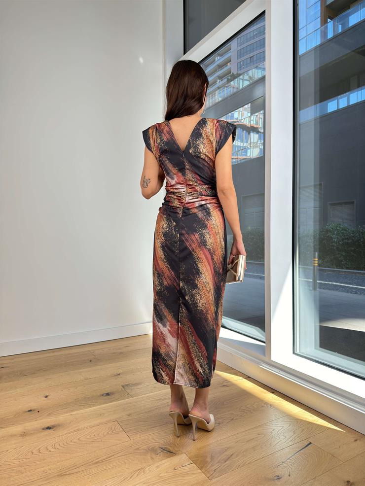 Drapeli Desenli Yanella Kahve Kadın Elbise 25K218