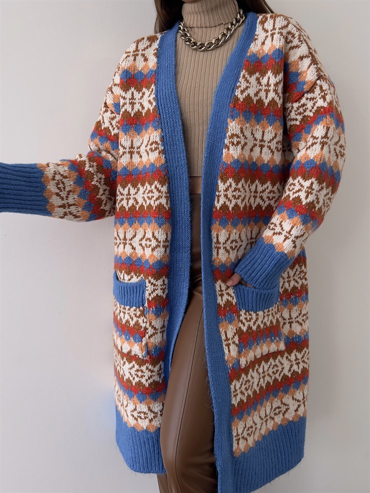 Yanları Cepli Desenli Rylee Kadın Mavi Uzun Hırka 23K000188