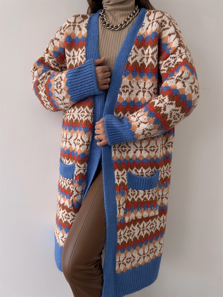 Yanları Cepli Desenli Rylee Kadın Mavi Uzun Hırka 23K000188