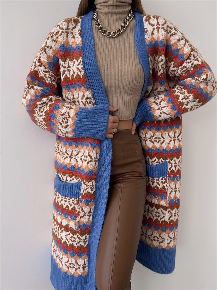 Yanları Cepli Desenli Rylee Kadın Mavi Uzun Hırka 23K000188