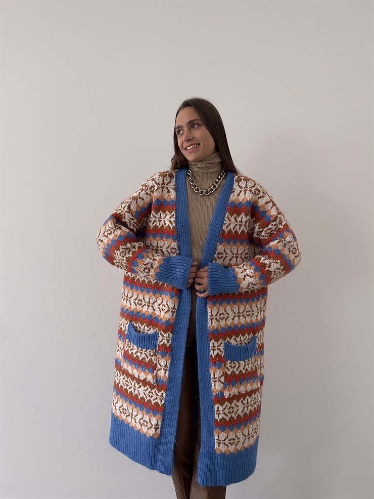 Yanları Cepli Desenli Rylee Kadın Mavi Uzun Hırka 23K000188