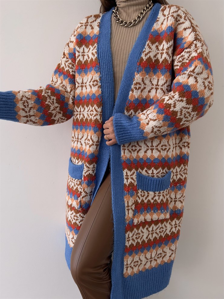 Yanları Cepli Desenli Rylee Kadın Mavi Uzun Hırka 23K000188