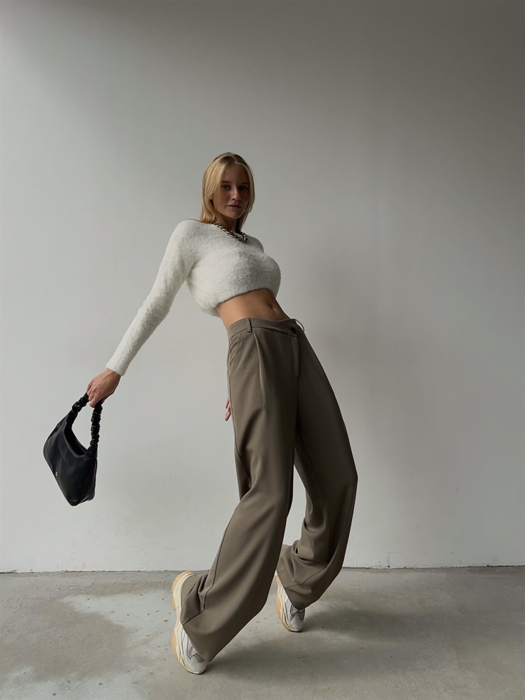 Yanları Cepli Geniş Paça Yüksek Bel Liona Kadın Vizon Pantolon 23K000051