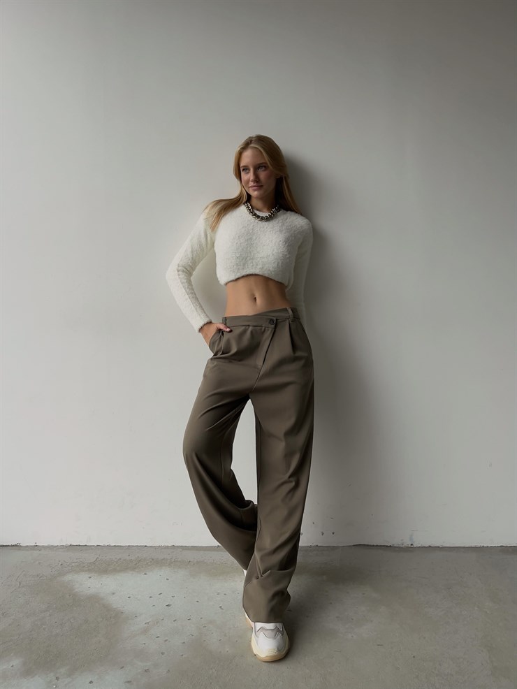 Yanları Cepli Geniş Paça Yüksek Bel Liona Kadın Vizon Pantolon 23K000051