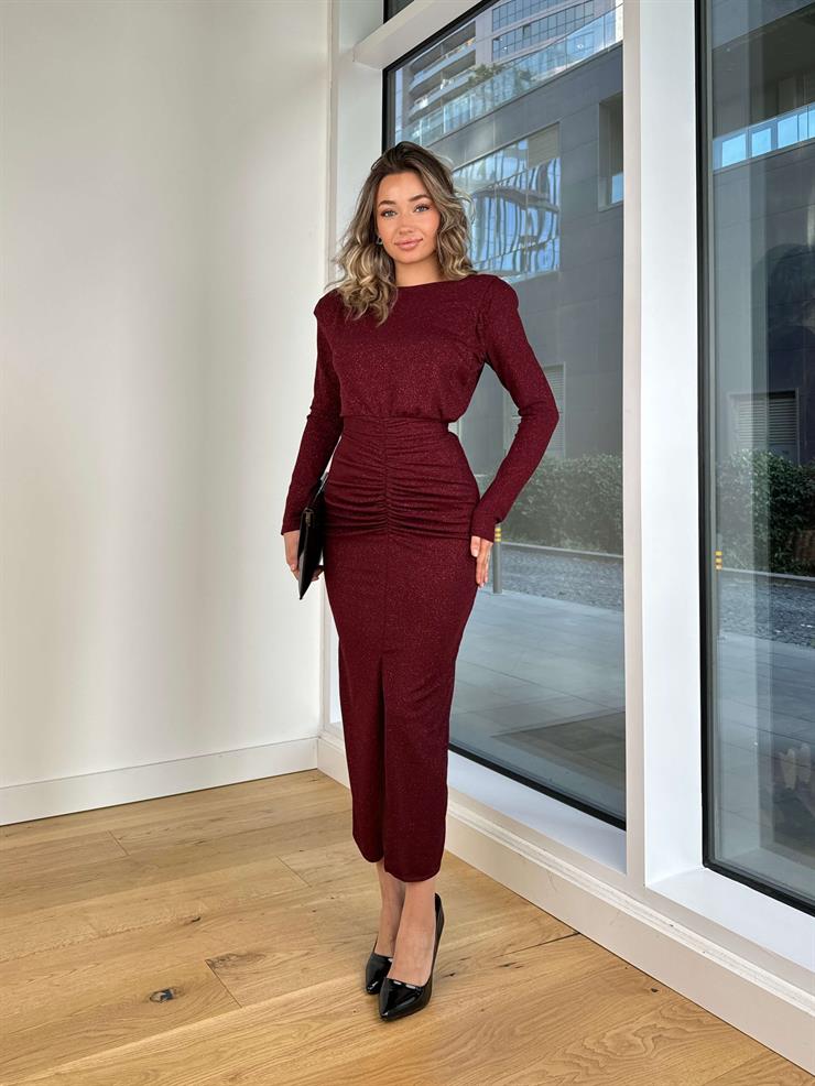 Uzun Kol Omuz Vatkalı Etek Kısmı Drapeli Yanlod Bordo Kadın Elbise 25K394