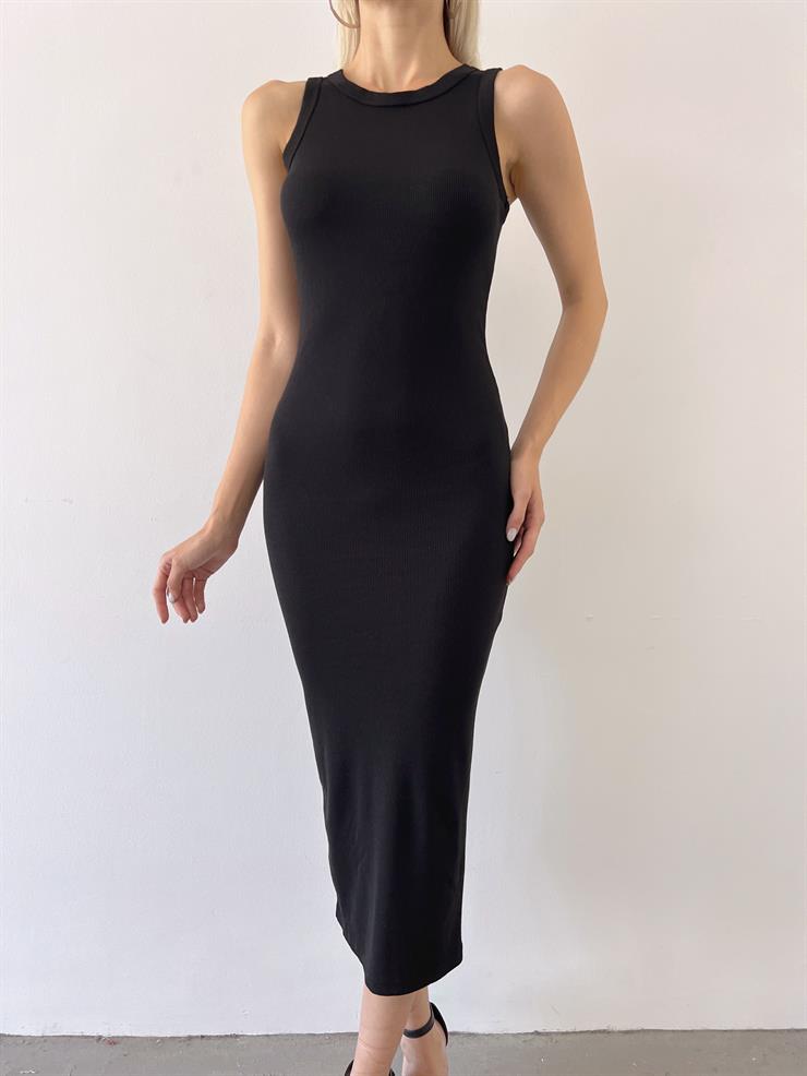 Halter Yaka Yanni Kadın Siyah Fitilli Elbise 23Y000498