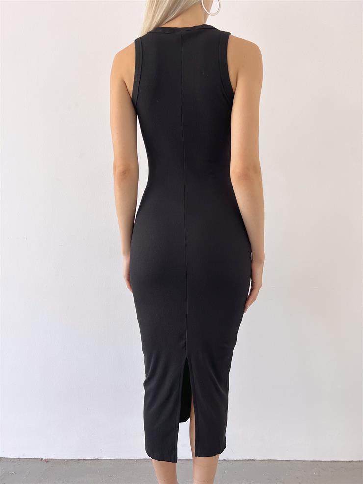 Halter Yaka Yanni Kadın Siyah Fitilli Elbise 23Y000498