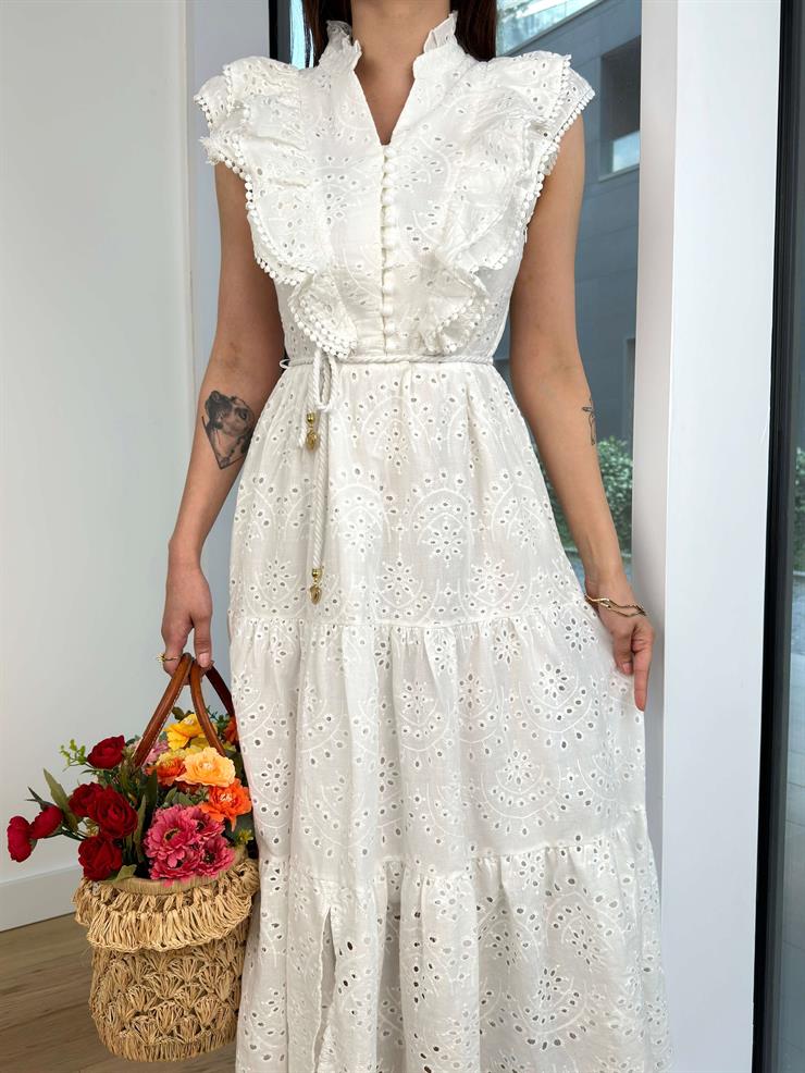 Kolsuz Fırfır Ve Düğme Detaylı Beli Bağcıklı Yared Kadın Elbise 24Y615