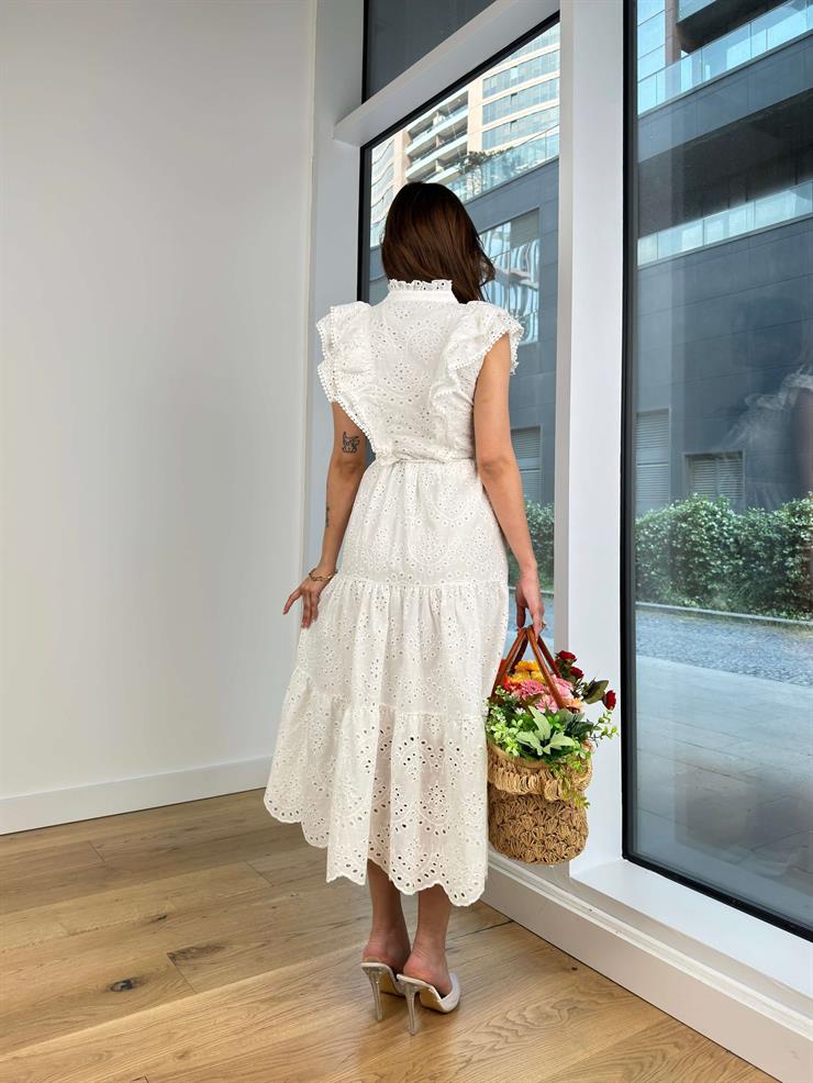 Kolsuz Fırfır Ve Düğme Detaylı Beli Bağcıklı Yared Kadın Elbise 24Y615