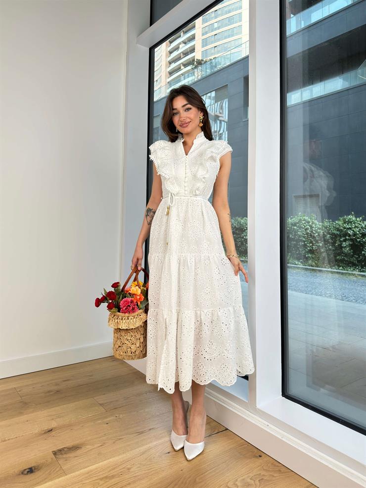 Kolsuz Fırfır Ve Düğme Detaylı Beli Bağcıklı Yared Kadın Elbise 24Y615