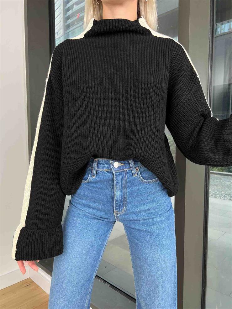 Yarım Balıkçı Kolları Bol Ziba Kadın Siyah Kazak 24k000149