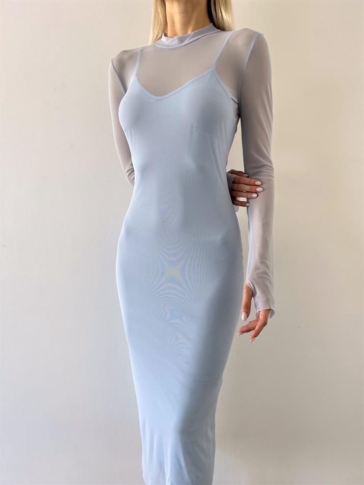 Yarım Balıkçı Yaka Uzun Tül Kol Palvan Kadın Mavi Midi Elbise 23Y000004