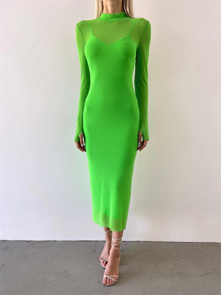 Yarım Balıkçı Yaka Uzun Tül Kol Palvan Kadın Fıstık Yeşili Midi Elbise 23Y000004
