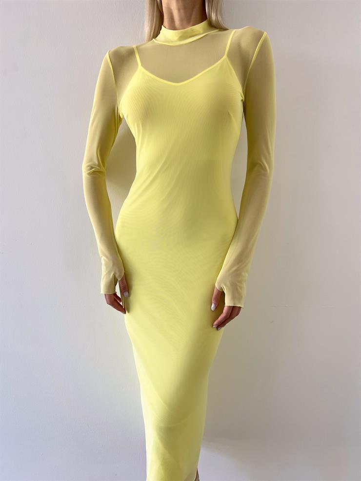 Yarım Balıkçı Yaka Uzun Tül Kol Palvan Kadın Sarı Midi Elbise 23Y000004