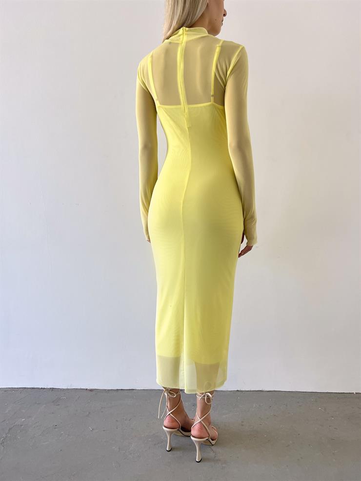 Yarım Balıkçı Yaka Uzun Tül Kol Palvan Kadın Sarı Midi Elbise 23Y000004
