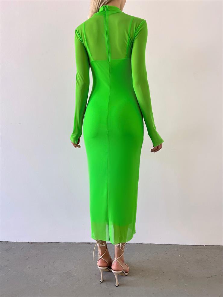 Yarım Balıkçı Yaka Uzun Tül Kol Palvan Kadın Fıstık Yeşili Midi Elbise 23Y000004