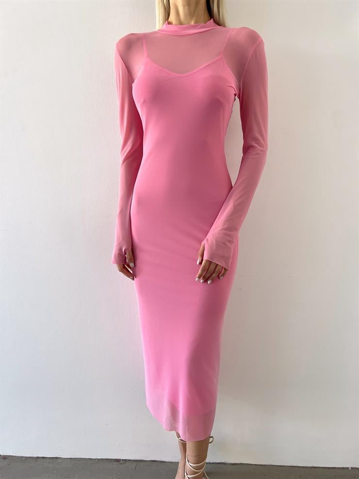 Yarım Balıkçı Yaka Uzun Tül Kol Palvan Kadın Pembe Midi Elbise 23Y000004