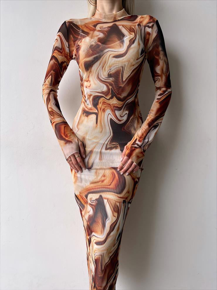 Yarım Balıkçı Yaka Uzun Tül Kol Palvan Kadın Renkli Midi Elbise 23Y000004