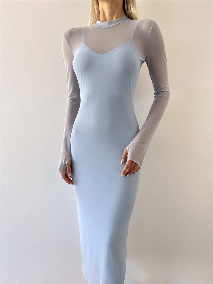 Yarım Balıkçı Yaka Uzun Tül Kol Palvan Kadın Mavi Midi Elbise 23Y000004