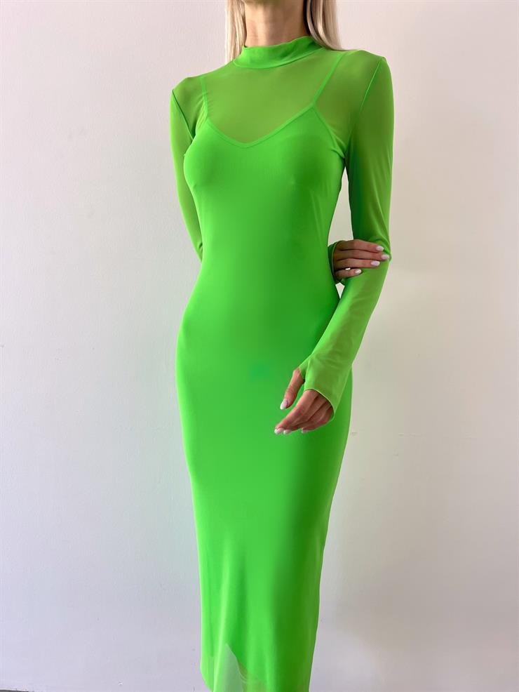 Yarım Balıkçı Yaka Uzun Tül Kol Palvan Kadın Fıstık Yeşili Midi Elbise 23Y000004