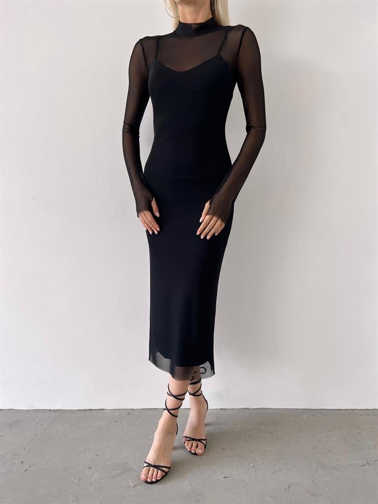 Yarım Balıkçı Yaka Uzun Tül Kol Palvan Kadın Siyah Midi Elbise 23Y000004