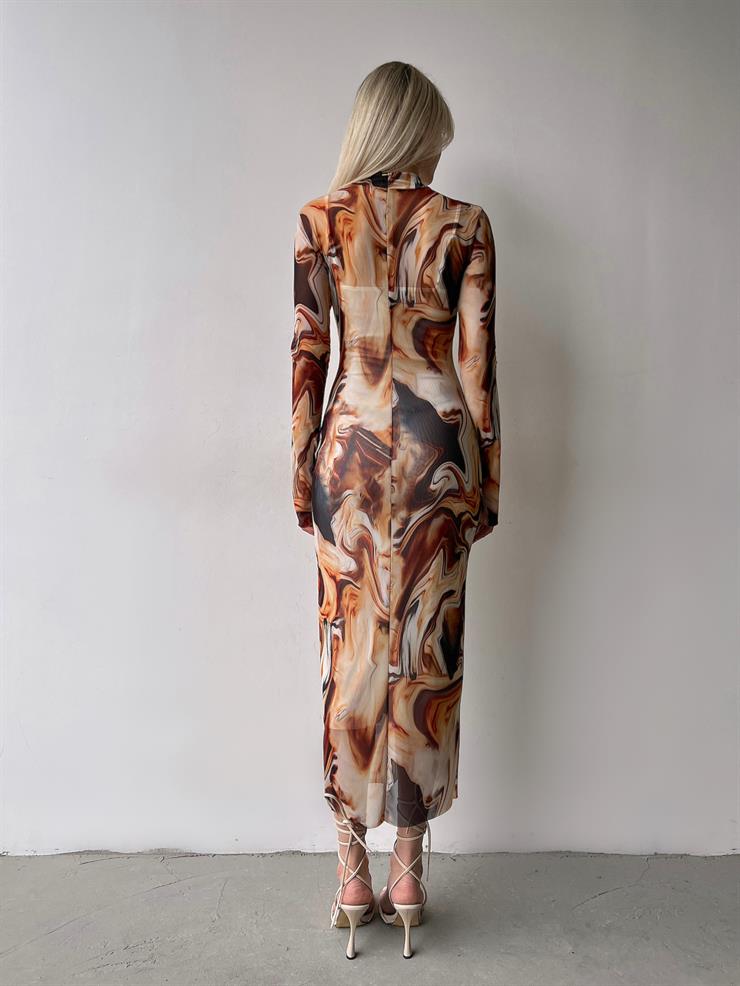 Yarım Balıkçı Yaka Uzun Tül Kol Palvan Kadın Renkli Midi Elbise 23Y000004