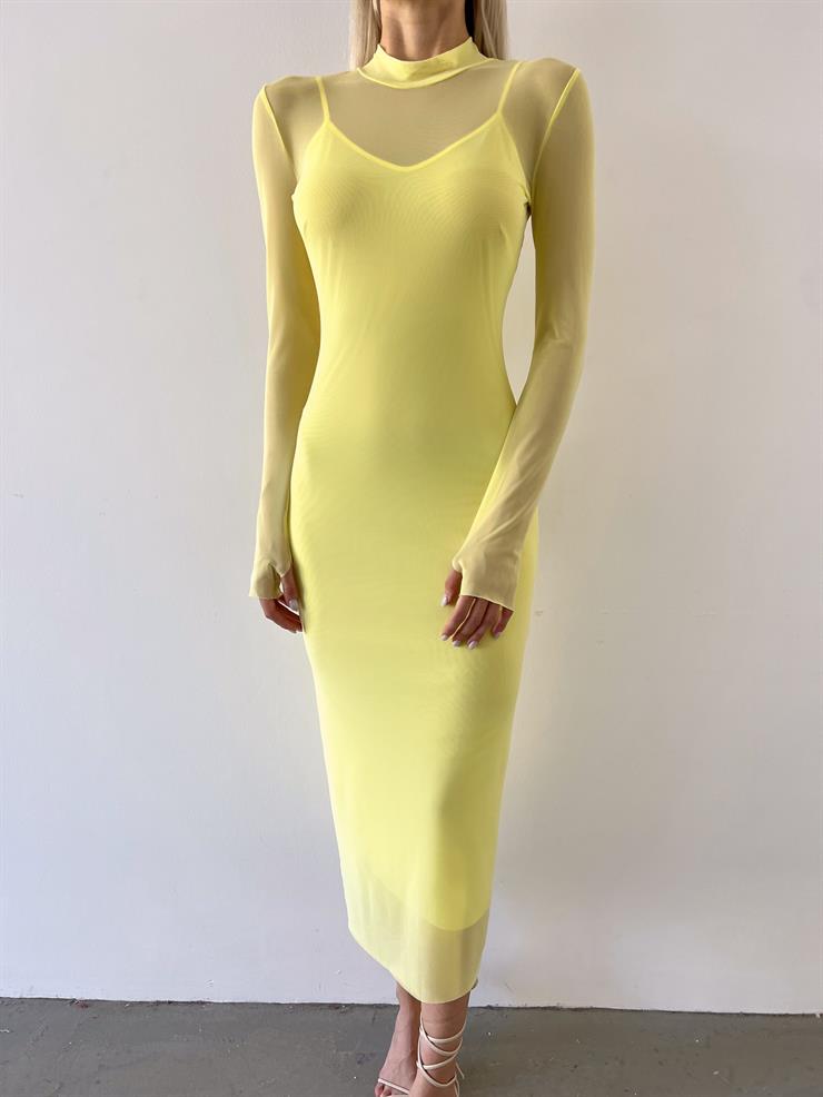 Yarım Balıkçı Yaka Uzun Tül Kol Palvan Kadın Sarı Midi Elbise 23Y000004