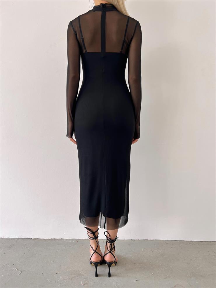 Yarım Balıkçı Yaka Uzun Tül Kol Palvan Kadın Siyah Midi Elbise 23Y000004