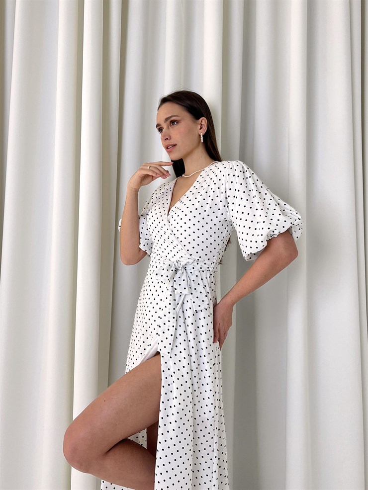 Yarım Balon Kol Kruvaze Yaka Belden Kuşakllı Yırtmaçlı Gavin Kadın Beyaz Midi Elbise 23K000448