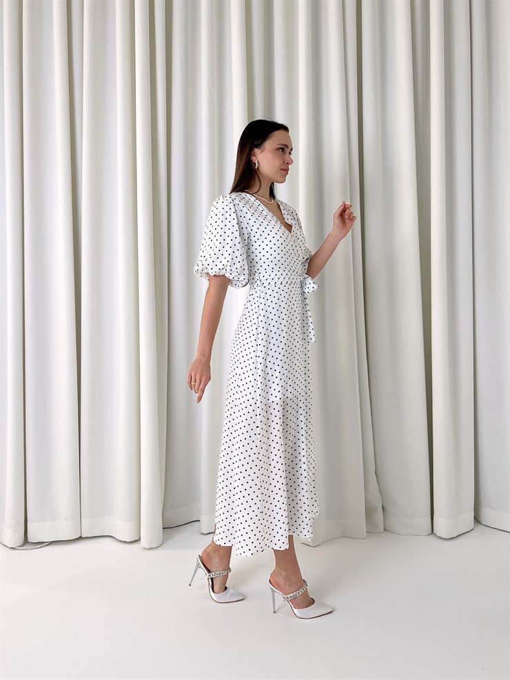 Yarım Balon Kol Kruvaze Yaka Belden Kuşakllı Yırtmaçlı Gavin Kadın Beyaz Midi Elbise 23K000448