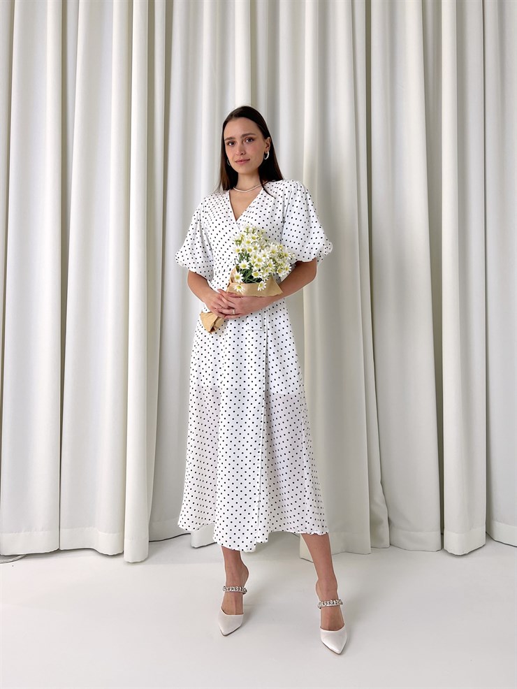 Yarım Balon Kol Kruvaze Yaka Belden Kuşakllı Yırtmaçlı Gavin Kadın Beyaz Midi Elbise 23K000448