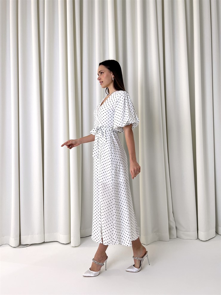 Yarım Balon Kol Kruvaze Yaka Belden Kuşakllı Yırtmaçlı Gavin Kadın Beyaz Midi Elbise 23K000448