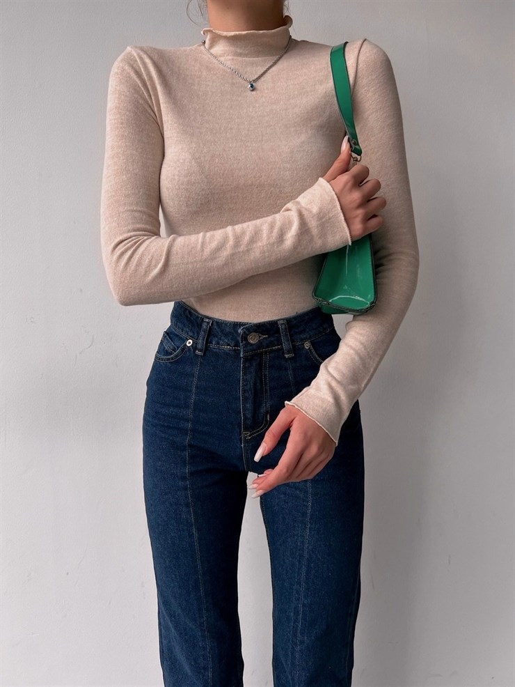 Yarım Blıkçı İnce Kadın Bej Triko Bluz 22K000455