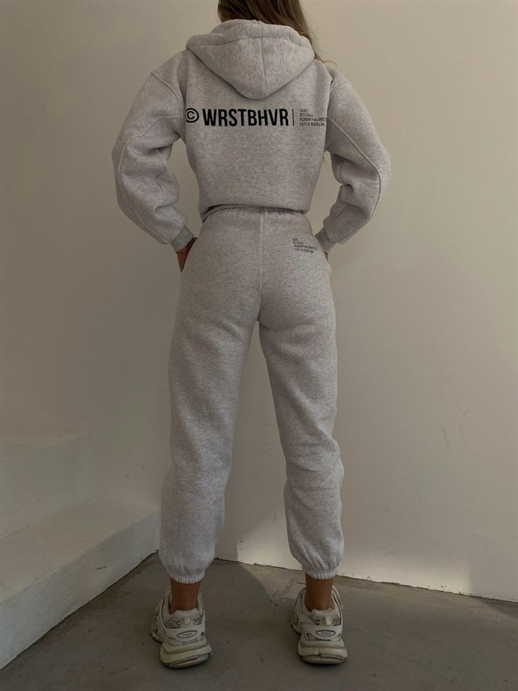 Yazılı Fermuarlı Sweat ve Alt Wrstbhvr Kadın Gri Eşofman Takım 22K000259