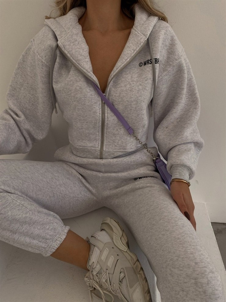 Yazılı Fermuarlı Sweat ve Alt Wrstbhvr Kadın Gri Eşofman Takım 22K000259