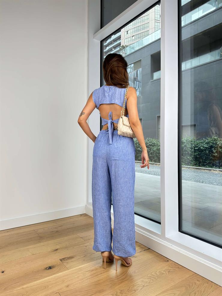 Kolsuz Arkadan Bağlamalı Crop Beli Ve Bilek Kısmı Lastikli Pantolon Yeider Kadın Mavi Takım 24Y790