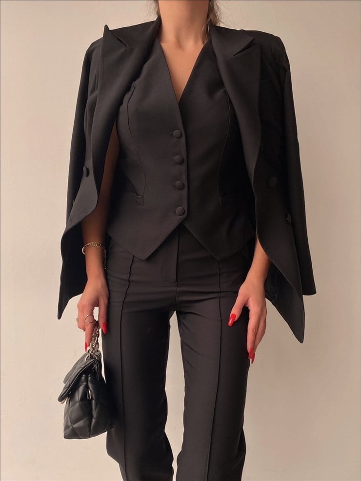 Yelek Ceket Pantolonlu Klasik Celina Kadın Siyah Üçlü Takım 22K000357