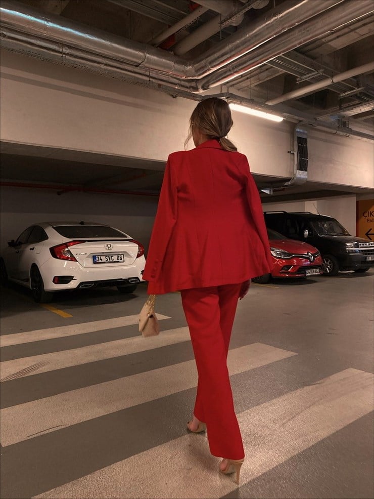 Yelek Ceket Pantolonlu Klasik Celina Kadın Kırmızı Üçlü Takım 22K000357