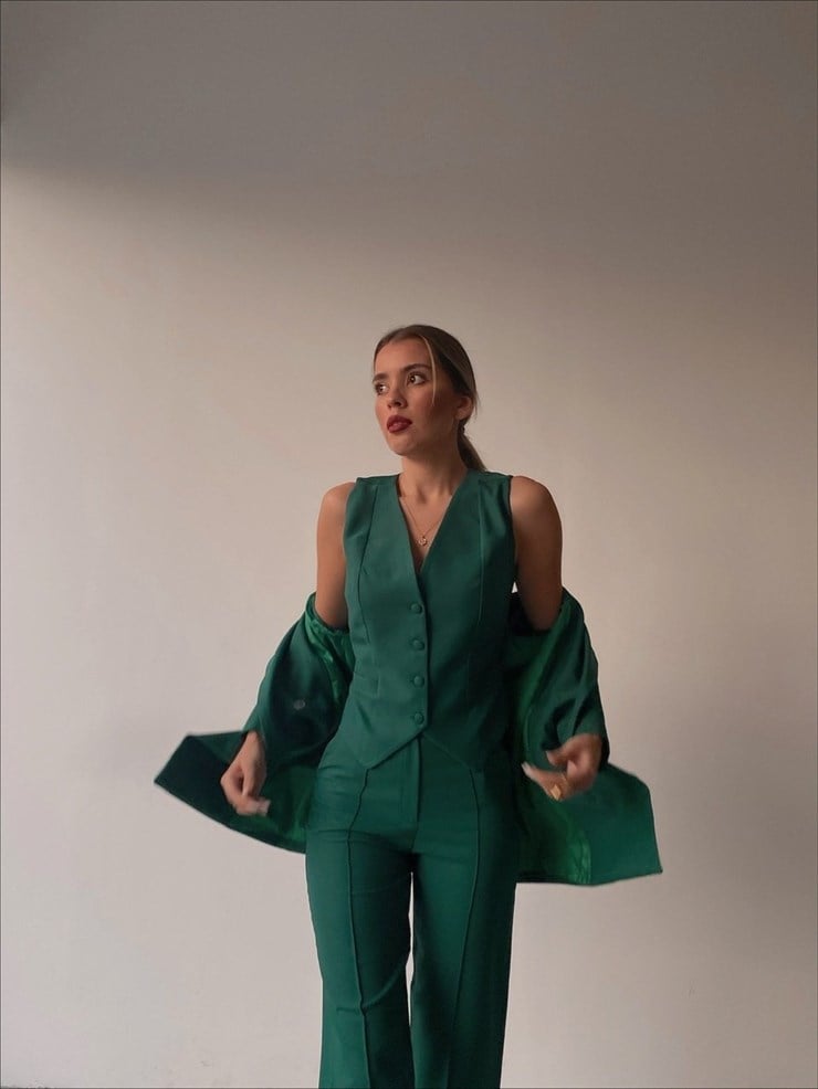 Yelek Ceket Pantolonlu Klasik Celina Kadın Yeşil Üçlü Takım 22K000357