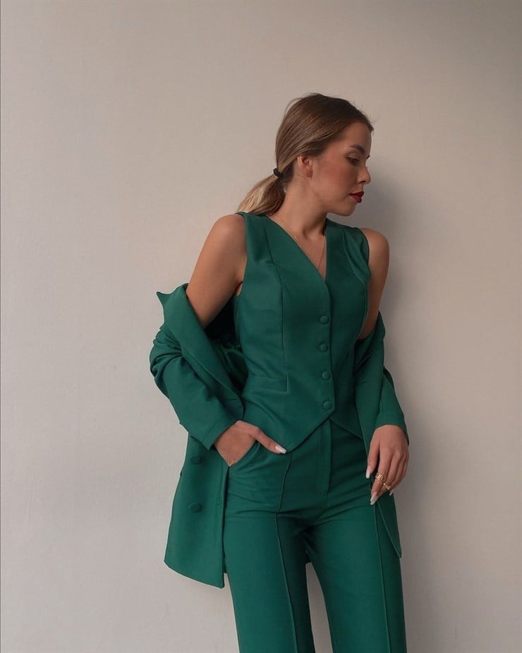Yelek Ceket Pantolonlu Klasik Celina Kadın Yeşil Üçlü Takım 22K000357